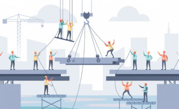 image of a team of workers closing the gap in a bridge construction - representing closing the last mile