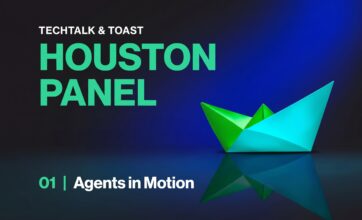Image of an origami boat with the words Tech Talk & Toast Houston Panel